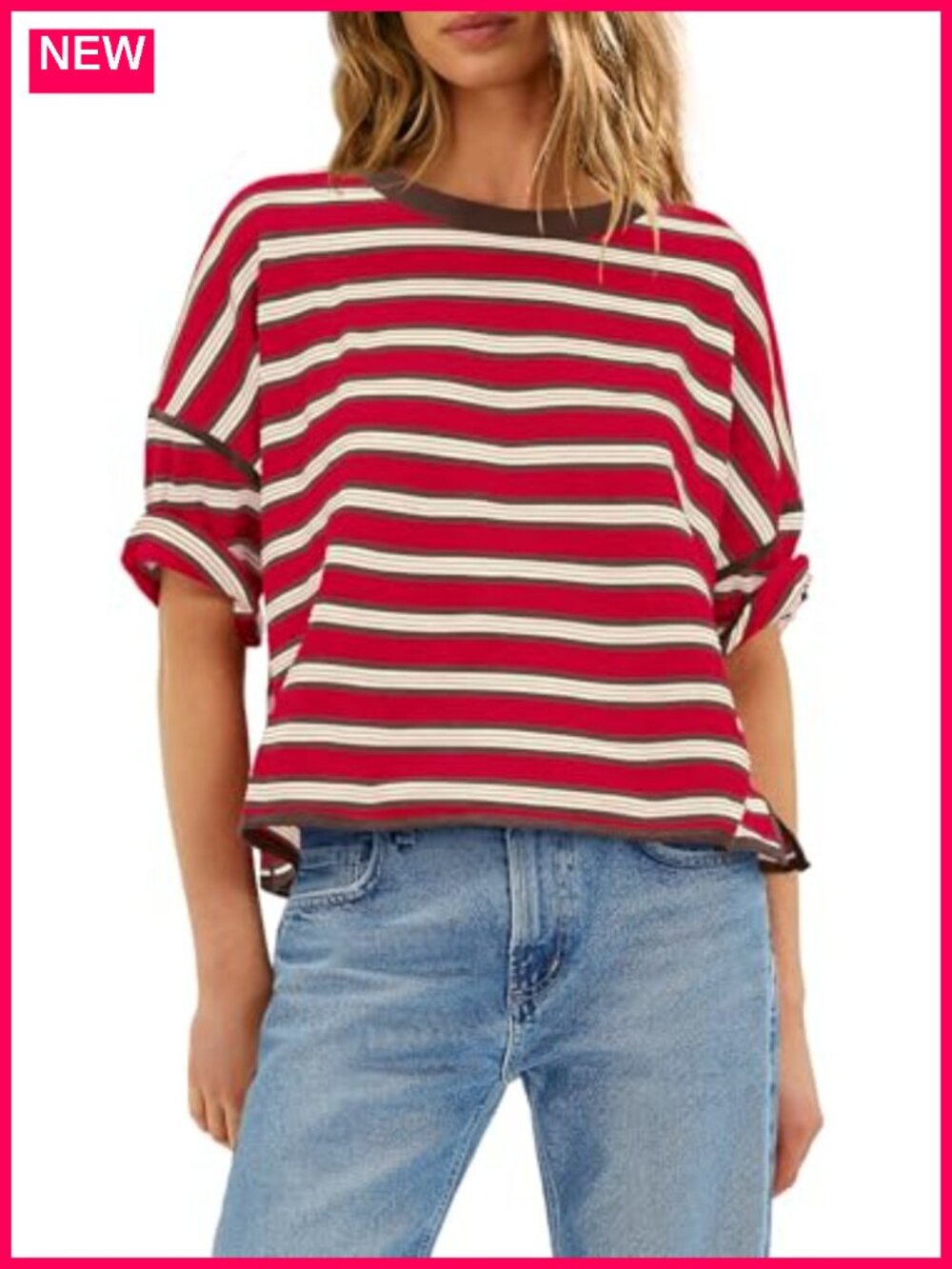 Oversized Striped Boxy Tee Short Sleeve Crew Neck Lightweight Blend Womens